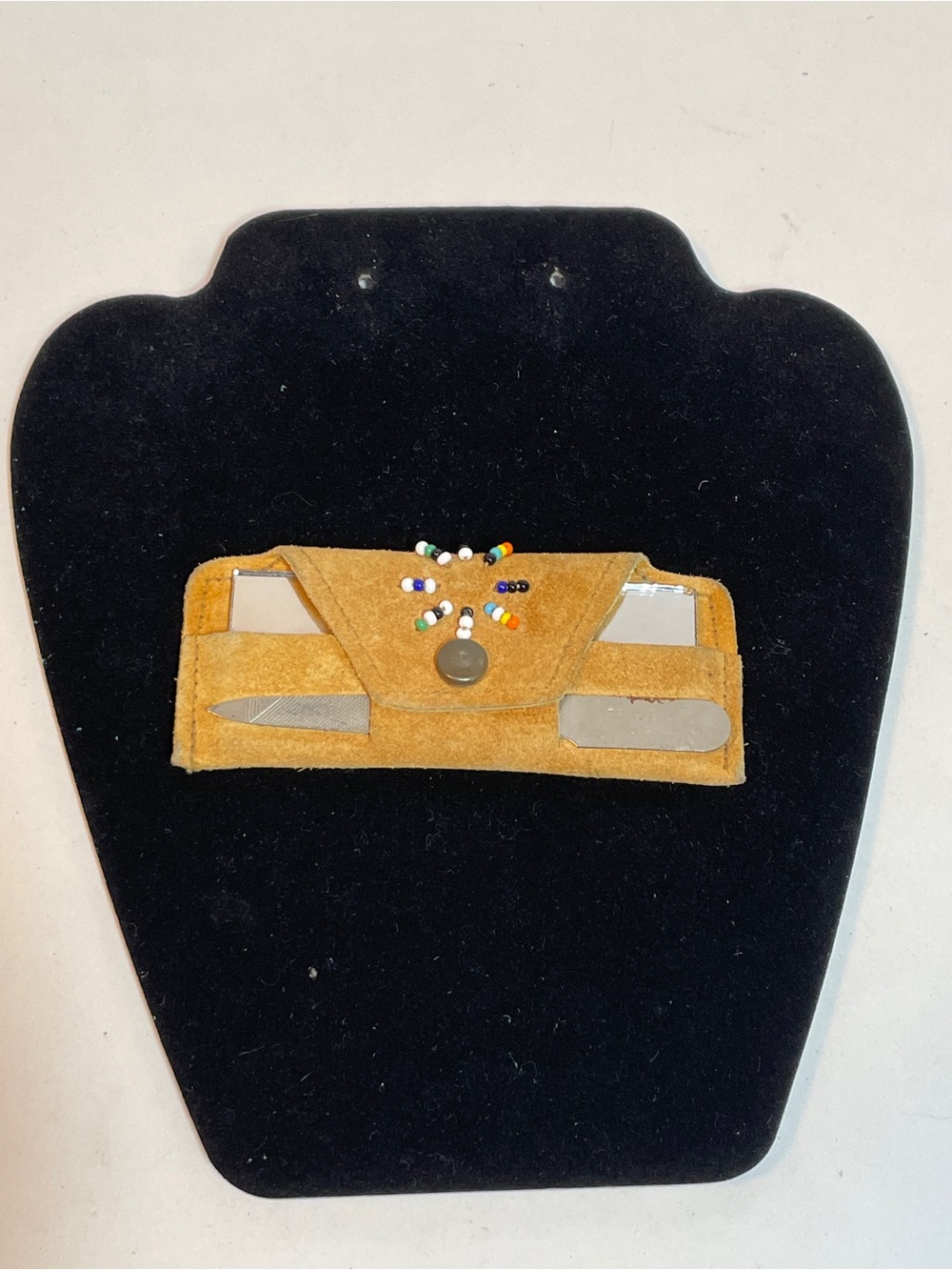Antique Lake Superior Chippewa Beaded Suede Pouch Western, Nail File, Mirror